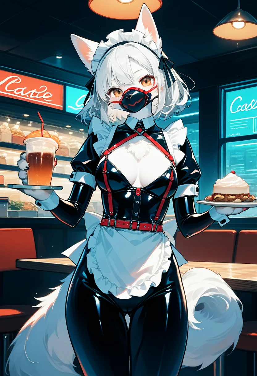 Highest quality, Highest quality, High quality illustrations, masterpiece, Ultra-high resolution, Detailed Background, Cafe, Absurd, Perfect Anatomy, performance, Good lighting, Shadows in the movies(kemono, Furry Personifi猫ion), White Skin, Rubber suit, Rubber suit, latex, neon, neonライト, neonカラー, Rubber maid outfit, ribbon, Rubber mask, Red harness