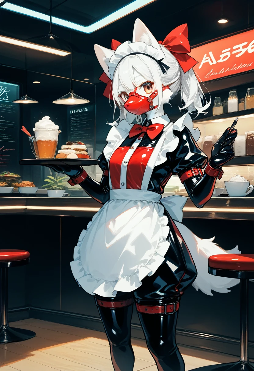 Highest quality, Highest quality, High quality illustrations, masterpiece, Ultra-high resolution, Detailed Background, Cafe, Absurd, Perfect Anatomy, performance, Good lighting, Shadows in the movies(kemono, Furry Personifi猫ion), White Skin, Rubber suit, Rubber suit, latex, neon, neonライト, neonカラー, Rubber maid outfit, ribbon, Rubber mask, Red harness