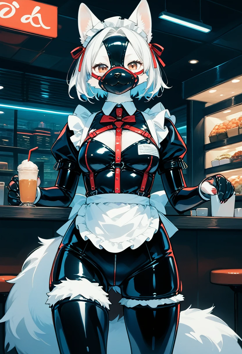 Highest quality, Highest quality, High quality illustrations, masterpiece, Ultra-high resolution, Detailed Background, Cafe, Absurd, Perfect Anatomy, performance, Good lighting, Shadows in the movies(kemono, Furry Personifi猫ion), White Skin, Rubber suit, Rubber suit, latex, neon, neonライト, neonカラー, Rubber maid outfit, ribbon, Rubber mask, Red harness