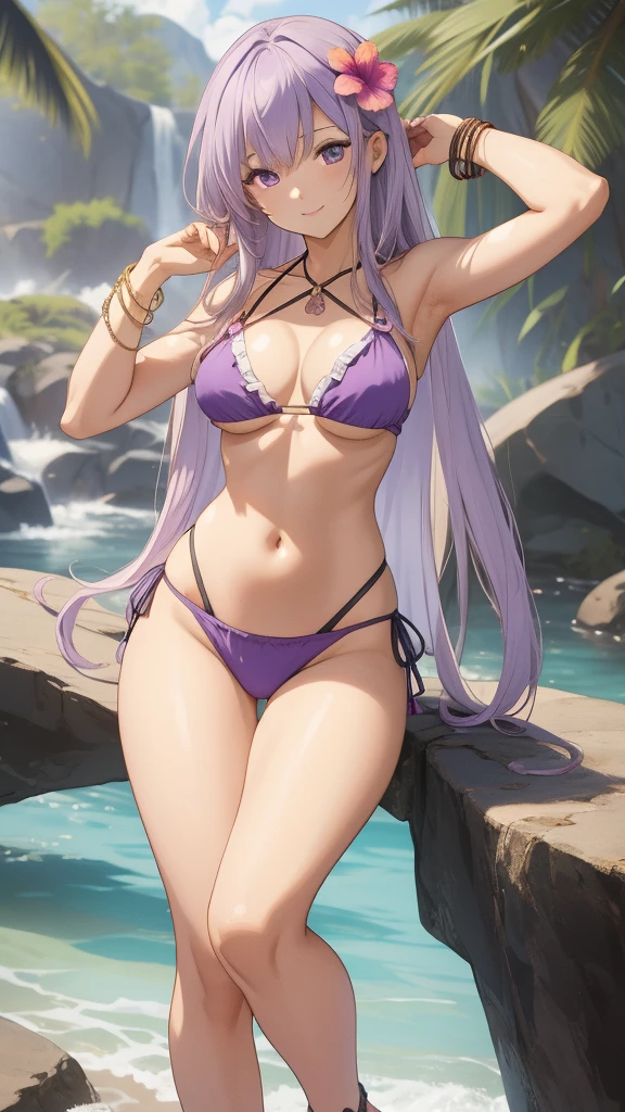 masterpiece, best quality, 1 solo girl, light purple hair, light purple eyes, long hair, medium breasts, sexy body and face, wavy hair, smile, parted lips, bikini, red bikini skirt, navel, sandals, cleavage, collarbone, bare shoulders, jewelry, bracelet, blue scarf, ribbon, hibiscus, frills, sleeveless, hair flower, toeless footwear, outdoors, summer, sexy pose, cowboy shots, detailed body, face, and eyes, sharp focus, vibrant, creative, dynamic, high definition, high resolution, 8k, (Upscale: R-ESRGAN 4x+ Anime6mage enchance:4x), voluptuous body, cinema lightning, dakimakura style, looking at the viewer,