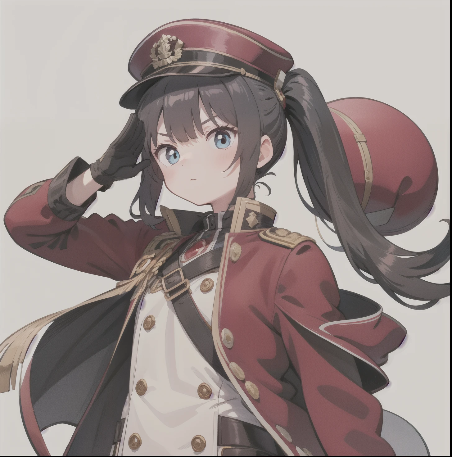 sticker, simple, illustration, cartoon, pretty girl, Black super long double ponytail,Blue Eyes,(Crimson hat),Crimson coat,Gloves,(Black twin ponytails),(Black hair),Wind blows hair,One-handed salute,serious,White background,beautiful eyes,Beautiful hands,Characters as the main body,Highest quality