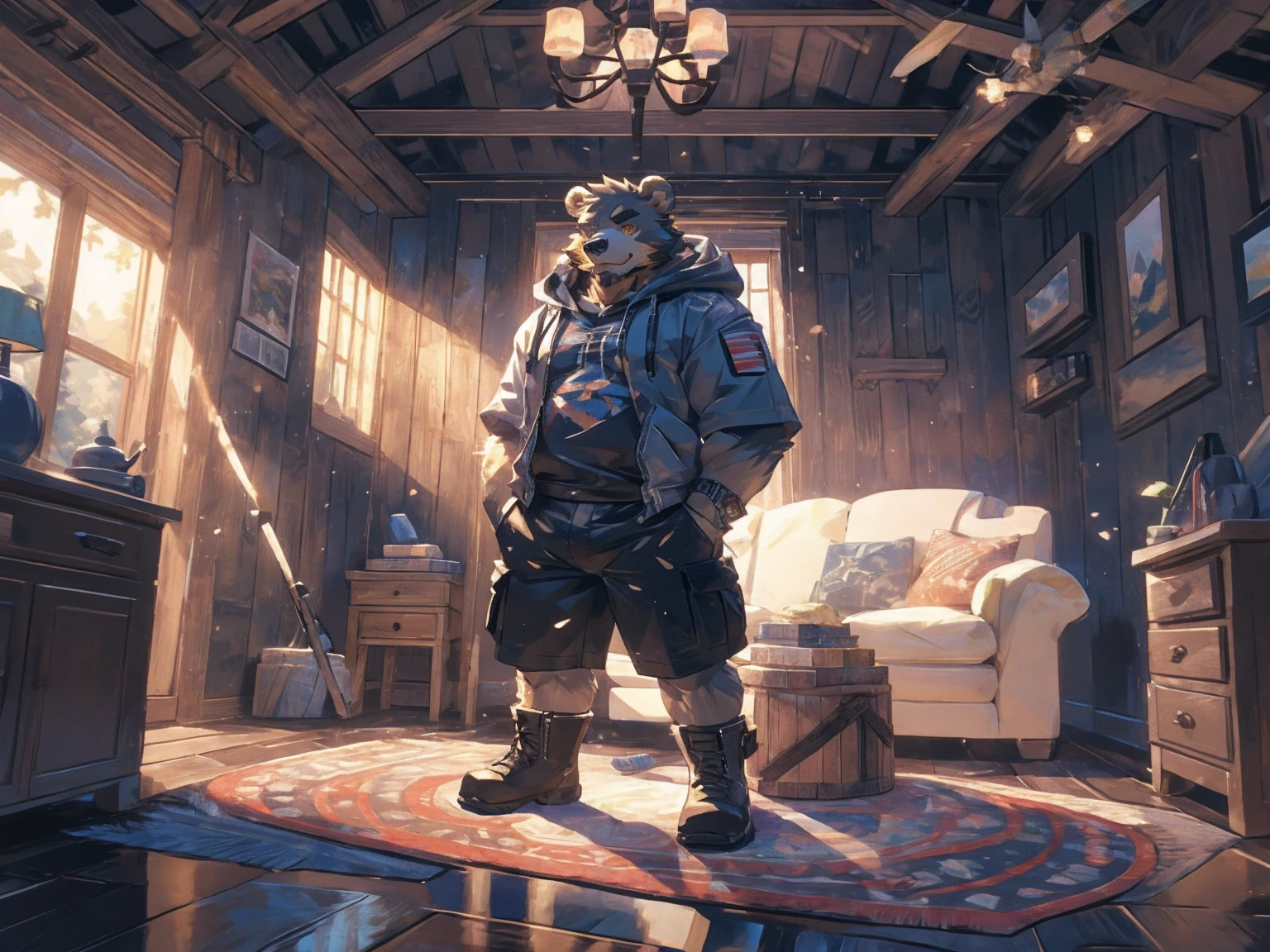 (masterpiece:1.2), best quality,pixiv,official art,perfect anatomy, (Ray tracing, light),solo, (1_male:1.3) , (muscle), (grey fur:1.4), (muscle bear), (beard:1.2), (gleaming golden eyes), bear tail, full body, Thick black eyebrows,(open hooded parka), (naked inside), (cargo shorts:1.2), boots, indoor, cabin , carpet , siiting on sofa , (lake land:1.3)