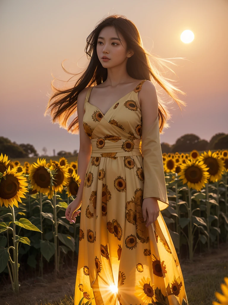 Beautiful japanese wowan stands in a field of sunflowers, bathed in the warm hues of the setting sun. Her silhouette glows golden in the twilight, blending seamlessly with the towering sunflowers around her. Her hair and dress sway gently in the breeze, evoking the peaceful end of summer. The sky stretches out behind her, with the sun dipping low, painting a dreamy, vibrant canvas.