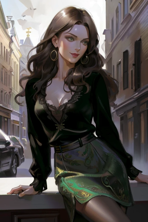 (realistic illustration:1.3), A very beautiful Russian woman. 31yo, brunette, green eyes, short, perfect figure, small breasts,(smile).Black blouse, gray pencil skirt, high heels. Masterpiece, (highly detailed:1.2),(detailed face and eyes:1.2), 8k wallpaper, natural lighting. core shadows, high contrast, bokeh.(rule of thirds)