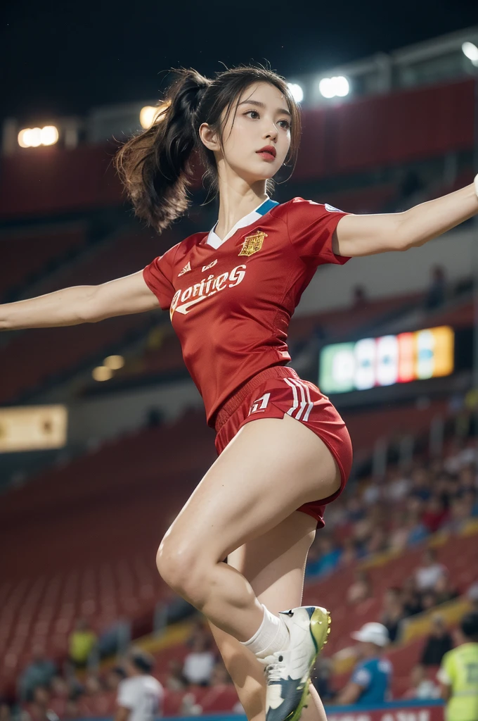 (((best quality))), (((ultra detailed))), (((masterpiece))), illustration,(a beautiful girl,female footballer,solo),(short ponytail:1.2),Spanish team,(short sleeves:1.2),((red jersey, blue shorts)),((slim,thin)),((small breasts,flat chest))),(slender legs:1.2),(football:1.3),determination, agility, passion, dedication, energetic crowd, vibrant atmosphere, electric, invigorating, chaotic, aggressive movements, powerful kicks, elegance, composure, intensity, sports, moment, perseverance, stands, packed stands, enthusiastic fans, roaring, supportive, cheering, chanting, sheen of sweat, skillful, dynamic, picturesque, atmospheric, action-packed, dramatic, realistic,adium, night game, stadium lighting, passionate player, focus, determination, talent, artistry, movement, speed, grace,(standing:1.3),((from front,upper body)),(night scene:1.3)