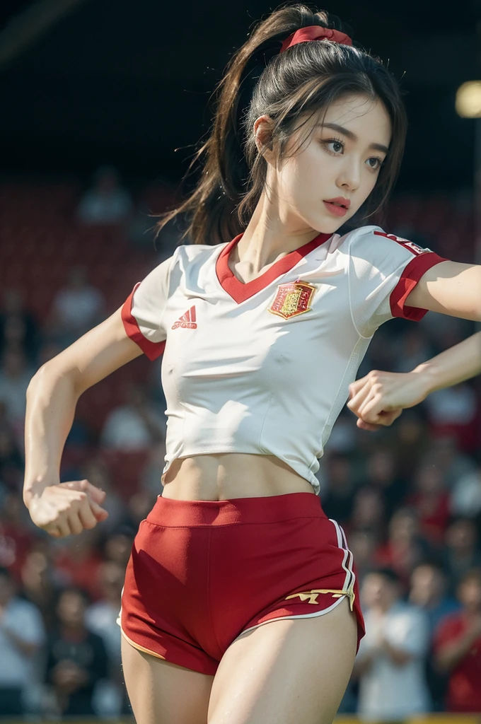 (((best quality))), (((ultra detailed))), (((masterpiece))), illustration,(a beautiful girl,female footballer,solo),(short ponytail:1.2),Spanish team,(short sleeves:1.2),((red jersey, blue shorts)),((slim,thin)),((small breasts,flat chest))),(slender legs:1.2),(football:1.3),determination, agility, passion, dedication, energetic crowd, vibrant atmosphere, electric, invigorating, chaotic, aggressive movements, powerful kicks, elegance, composure, intensity, sports, moment, perseverance, stands, packed stands, enthusiastic fans, roaring, supportive, cheering, chanting, sheen of sweat, skillful, dynamic, picturesque, atmospheric, action-packed, dramatic, realistic,adium, night game, stadium lighting, passionate player, focus, determination, talent, artistry, movement, speed, grace,(standing:1.3),((from front,upper body)),(night scene:1.3)