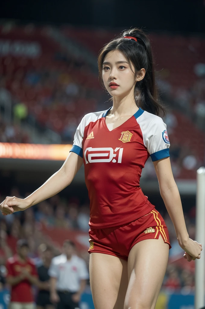 (((best quality))), (((ultra detailed))), (((masterpiece))), illustration,(a beautiful girl,female footballer,solo),(short ponytail:1.2),Spanish team,(short sleeves:1.2),((red jersey, blue shorts)),((slim,thin)),((small breasts,flat chest))),(slender legs:1.2),(football:1.3),determination, agility, passion, dedication, energetic crowd, vibrant atmosphere, electric, invigorating, chaotic, aggressive movements, powerful kicks, elegance, composure, intensity, sports, moment, perseverance, stands, packed stands, enthusiastic fans, roaring, supportive, cheering, chanting, sheen of sweat, skillful, dynamic, picturesque, atmospheric, action-packed, dramatic, realistic,adium, night game, stadium lighting, passionate player, focus, determination, talent, artistry, movement, speed, grace,(standing:1.3),((from front,upper body)),(night scene:1.3)