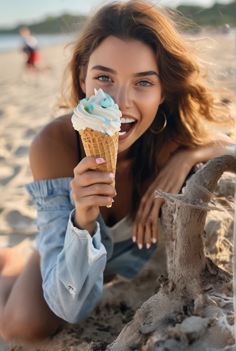 fashion model woman eating an icecream outside, at beach hi detail, sharp focus, perfect lighting, awesome, dslr, 4k high quality. extra detail, extra sharp, magical, perfect moment, natural skin, pores