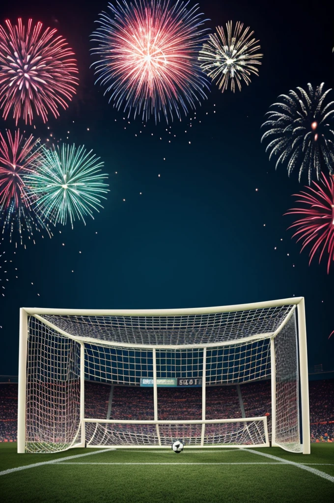 Soccer goal with a ball in the net and fireworks