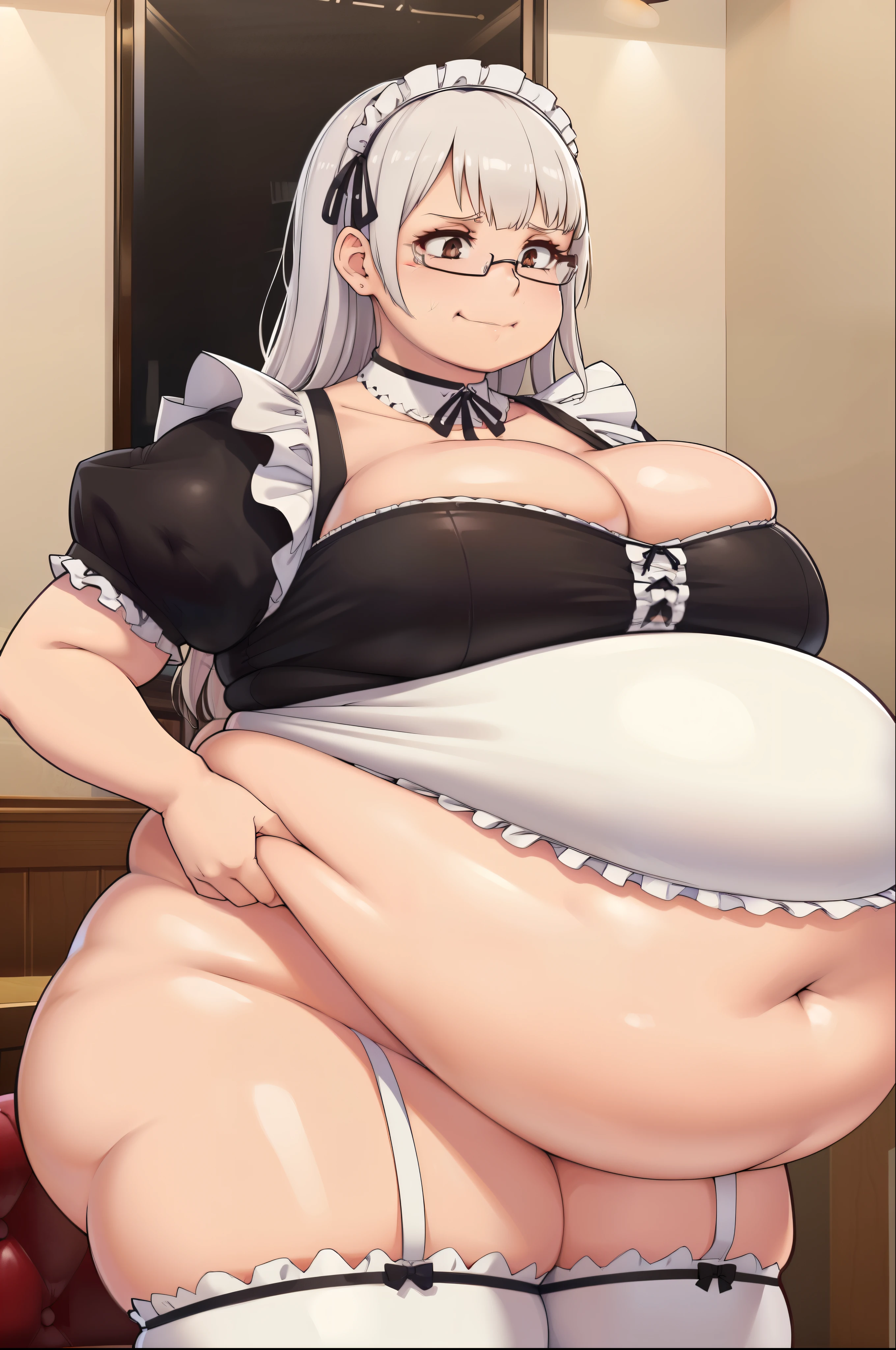 (masterpiece, best quality:1.4), illustration, 8k, hd, 1girl, solo, elegant_long_hair, white_hair, dress, white_thighhighs, no underwear, short_sleeves, frills, apron, brown_eyes, cleavage, metal_collar, anchor_choker, maid, white maid, ((big breast, glasses, smug, hand on glasses)), (restaurant, maid cafe) bloated belly