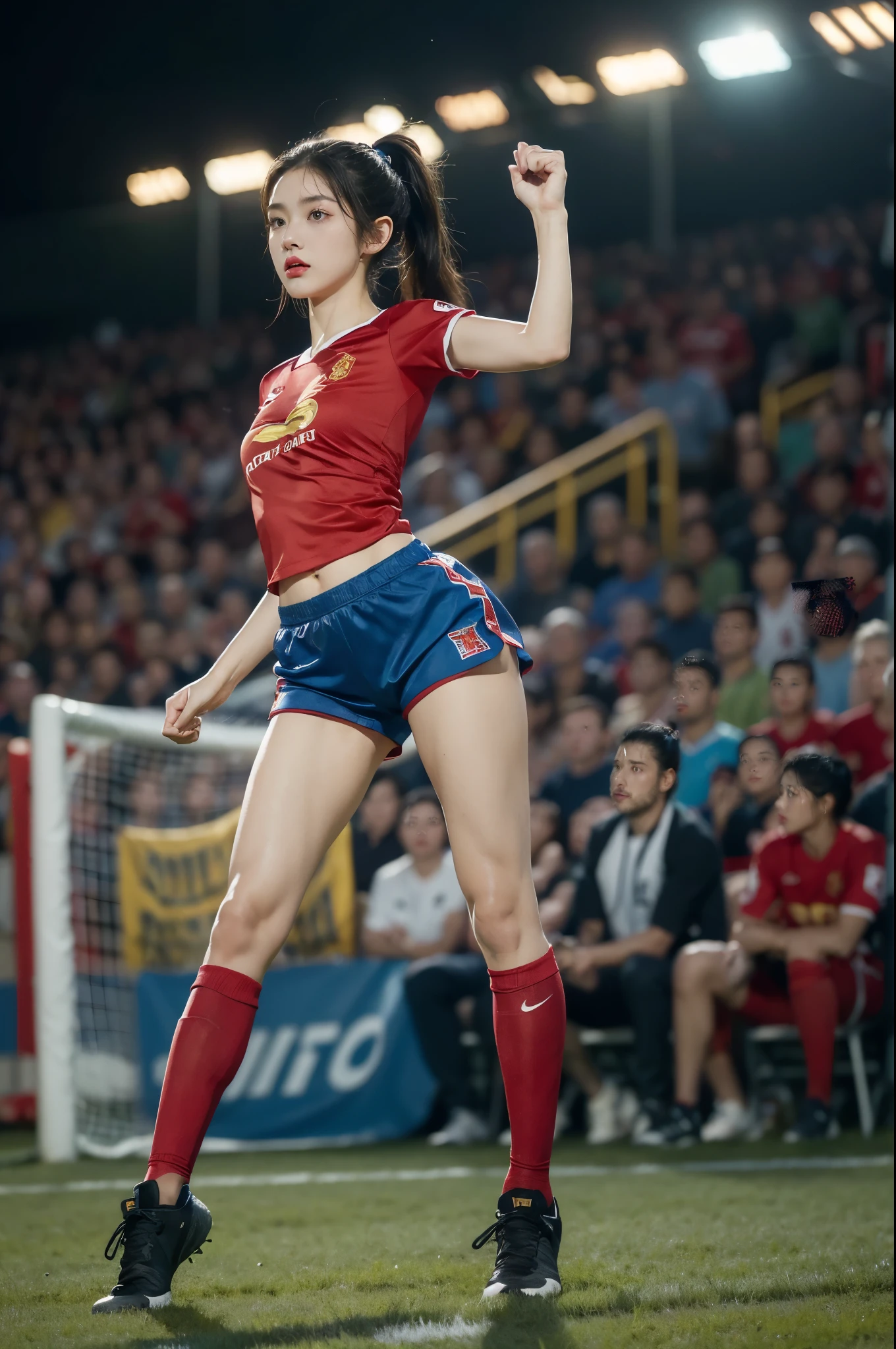 (((best quality))), (((ultra detailed))), (((masterpiece))), illustration,(a beautiful girl,female footballer,solo),(short ponytail:1.2),Spanish team,(short sleeves:1.2),((red jersey, blue shorts)),((slim,thin)),((small breasts,flat chest))),(slender legs:1.2),(football:1.3),determination, agility, passion, dedication, energetic crowd, vibrant atmosphere, electric, invigorating, chaotic, aggressive movements, powerful kicks, elegance, composure, intensity, sports, moment, perseverance, stands, packed stands, enthusiastic fans, roaring, supportive, cheering, chanting, sheen of sweat, skillful, dynamic, picturesque, atmospheric, action-packed, dramatic, realistic,adium, night game, stadium lighting, passionate player, focus, determination, talent, artistry, movement, speed, grace,(standing:1.3),((from front,full body)),(night scene:1.3)