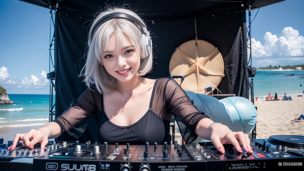 (ultra - detailed, 16K resolution, Cinema lenses, rendering by octane), (high resolution:1.18), intricate detail, (masterpiece:1.1), (highest quality:1.1), (1girl, portrait, white hair, blue eyes, short hair, detailed eyes),Wearing silver DJ headphones, Shiny silver sequined T-shirt, (Iconic hip-hop pop costumes:1.3), Smile while DJing on stage, full body shot of, The spotlight shines on the female DJ. Photorealistic photography by Disco Lighting, (cute round face:1.3), perfect fingers, five fingers, beautiful hands, perfect hands. master peace, cute smile.