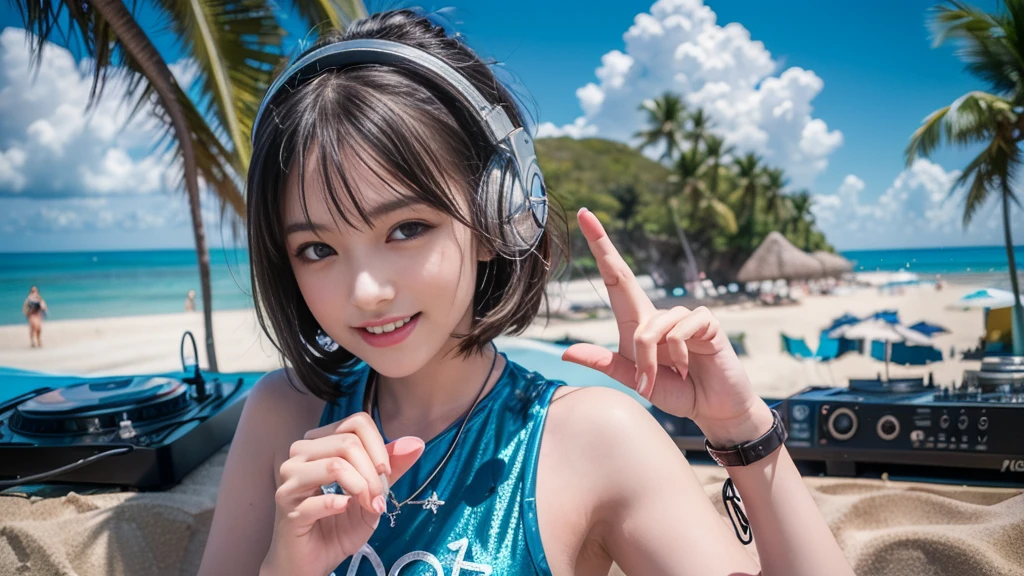 (ultra - detailed, 16K resolution, Cinema lenses, rendering by octane), (high resolution:1.18), intricate detail, (masterpiece:1.1), (highest quality:1.1), (1girl, portrait, white hair, blue eyes, short hair, detailed eyes),Wearing silver DJ headphones, sequined T-shirt, (in the beach:1.5), (Iconic hip-hop pop costumes:1.3), Smile while DJing on stage, DJ studio next to the beach, ((A stylish DJ stage on a hill overlooking the beach)), full body shot, Photorealistic photography by Sunshine, (cute round face:1.3), perfect fingers, five fingers, beautiful hands, perfect hands. master peace, cute smile, Fixhand.