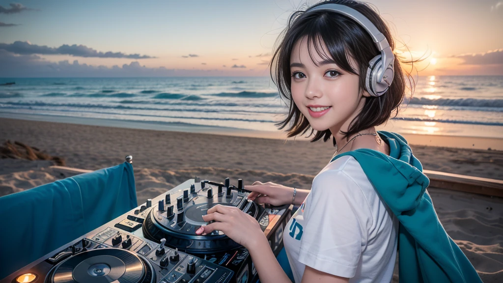 (ultra - detailed, 16K resolution, Cinema lenses, rendering by octane), (high resolution:1.18), intricate detail, (masterpiece:1.1), (highest quality:1.1), (1girl, portrait, white hair, blue eyes, short hair, detailed eyes),Wearing silver DJ headphones, sequined T-shirt, (in the beach:1.5), (Iconic hip-hop pop costumes:1.3), Smile while DJing on stage, DJ studio next to the beach, ((A stylish DJ stage on a hill overlooking the beach)), full body shot, Photorealistic photography by Sunshine, (cute round face:1.3), perfect fingers, five fingers, beautiful hands, perfect hands. master peace, cute smile.