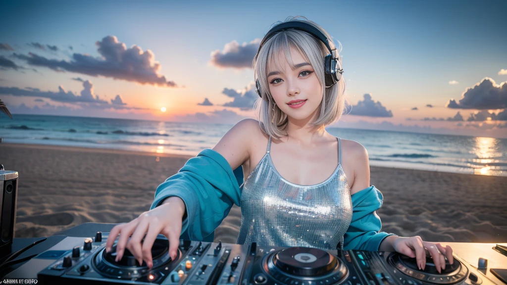 (ultra - detailed, 16K resolution, Cinema lenses, rendering by octane), (high resolution:1.18), intricate detail, (masterpiece:1.1), (highest quality:1.1), (1girl, portrait, white hair, blue eyes, short hair, detailed eyes),Wearing silver DJ headphones, sequined T-shirt, (in the beach:1.5), (Iconic hip-hop pop costumes:1.3), Smile while DJing on stage, DJ studio next to the beach, ((A stylish DJ stage on a hill overlooking the beach)), full body shot, Photorealistic photography by Sunshine, (cute round face:1.3), perfect fingers, five fingers, beautiful hands, perfect hands. master peace, cute smile.