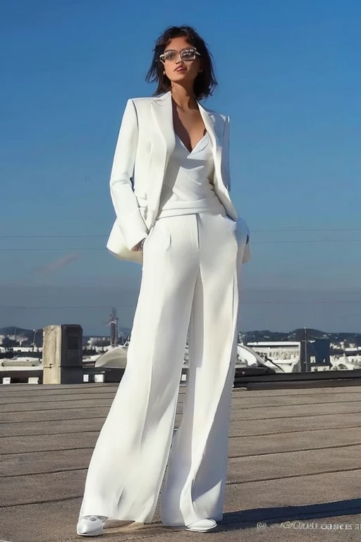 a woman in a White suit standing on a roof, wearing White suit, wearing futuristic White suit, White suit, White silk garment, Smooth white tights set, High Fashion, White suit, White pants, Elegant style, Elegant suit, wearing White suit and glasses, Stylish white clothing, Wearing a stylish suit, White fashion clothes, Wear elegant clothing, full white