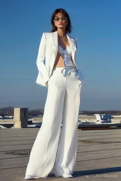 a woman in a White suit standing on a roof, wearing White suit, wearing futuristic White suit, White suit, White silk garment, Smooth white tights set, High Fashion, White suit, White pants, Elegant style, Elegant suit, wearing White suit and glasses, Stylish white clothing, Wearing a stylish suit, White fashion clothes, Wear elegant clothing, full white