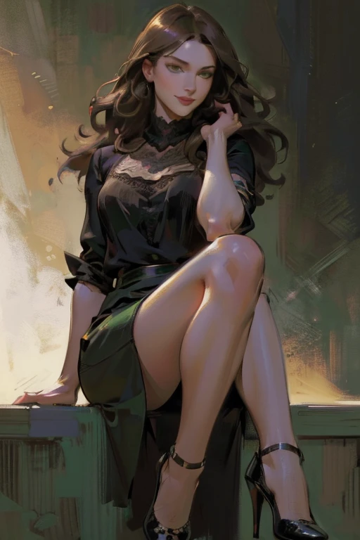 (realistic illustration:1.3), A very beautiful Russian woman. 31yo, brunette, green eyes, short, perfect figure, small breasts,(smile).Black blouse, gray pencil skirt, high heels. Masterpiece, (highly detailed:1.2),(detailed face and eyes:1.2), 8k wallpaper, natural lighting. core shadows, high contrast, bokeh.(rule of thirds)
