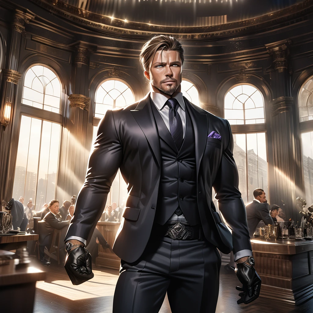 1 elegant muscular man, handsome facial features, strong jawline, piercing violet eyes, shaved black hair and beard, athletic well-trained body, formal suit, leather gloves, actor Brad Pitt inspired look, heroic and just demeanor, (best quality,8k,ultra-detailed,photorealistic,HDR,dramatic lighting,cinematic composition)