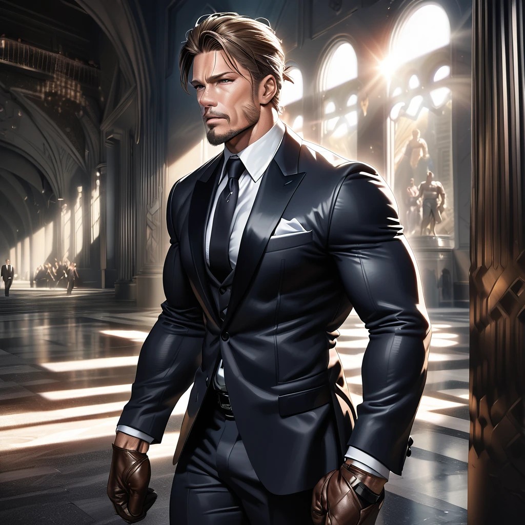 1 elegant muscular man, handsome facial features, strong jawline, piercing violet eyes, shaved black hair and beard, athletic well-trained body, formal suit, leather gloves, actor Brad Pitt inspired look, heroic and just demeanor, (best quality,8k,ultra-detailed,photorealistic,HDR,dramatic lighting,cinematic composition)