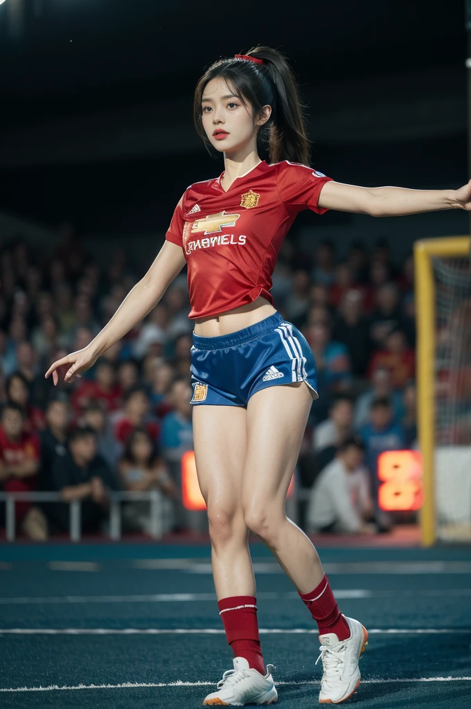 (((best quality))),(((ultra detailed))),(((masterpiece))),illustration,((1 beautiful girl,female footballer,solo)),((shoulder off,strapless,bare back,towering hips,butt crack)),((slim,thin)),summer night,stadium,crowded stands,enthusiastic spectators,football match,(short ponytail:1.2),(short sleeves:1.2),((Spain team kit,red shirt,blue shorts)),(slender legs:1.2),(football:1.3),fluid movements,powerful,sweat,forehead,exhaustion,passion for football,purposeful running,electric atmosphere,crowd roar,critical juncture,pressure,undeterred,floodlights,luminous glow,long shadows,drama,breathtaking sight,raw passion,unbridled energy,determination,skill,embodiment of sport's spirit,strength,resilience of human spirit,(standing:1.3),((from back,upper body))