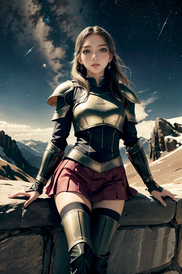 score_9, score_8_up, score_7_up, source_realistic, 1girl, d4rkkn1ght, armor, skirt, gauntlets, single thighhigh, boots, shield, earrings, green eyes, on a mountain top at night, sky full of stars, 3/4 view,