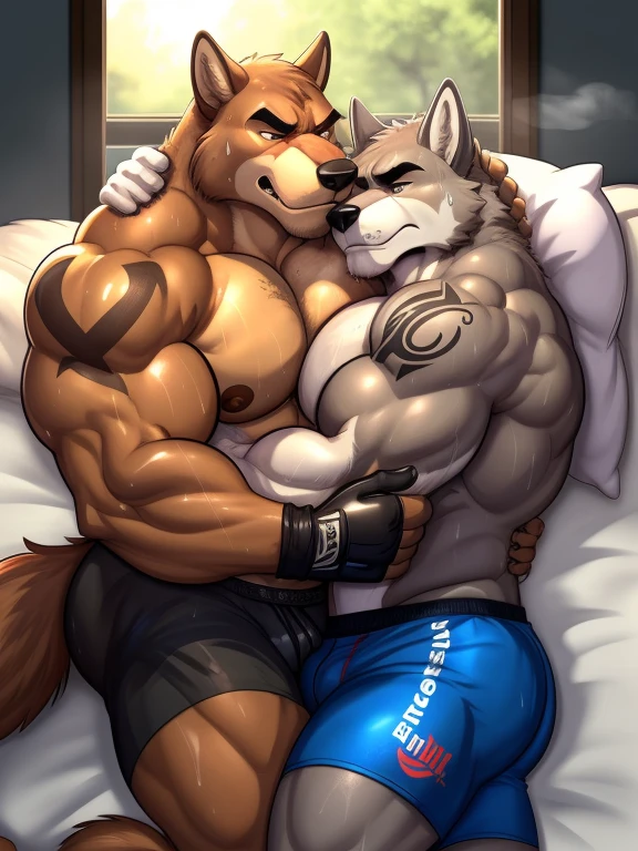 Duo male(Gray Wolf vs Brown Dog, handsomes, Thick eyebrows), gay(Lying down, cuddling embraced from behind, trying escape, Back on body, on a bed match), hot(Shirtless), handsomes(They are handsomes, correct anatomy), musculosos(Big muscle bodies, Six packs, muscle abs, big pecs, muscle backs, muscle legs), sweaty(very sweaty wet bodies, shiny sweat), tatuajes(they have tattoos), Grumpy(Both have an grumpy expression, growling, steaming breath), UFC gloves(They both are wearing red UFC gloves), UFC boxers(They both are wearing boxers), Hight resolution, view from side, by(Zourik:1.1)
