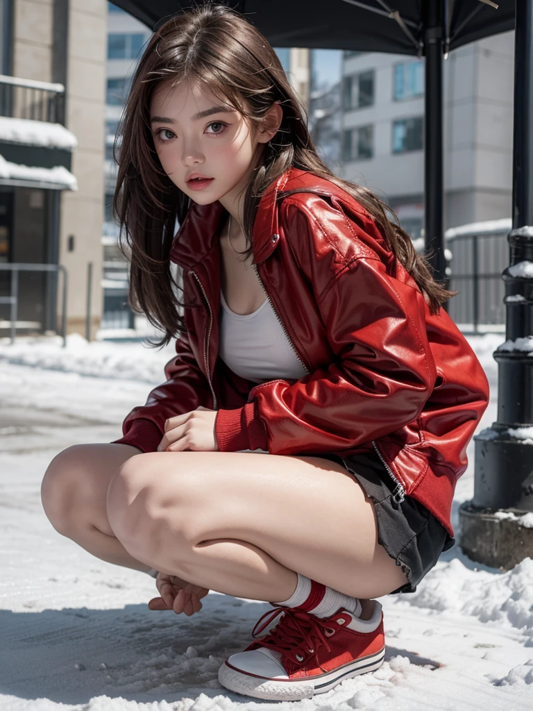 Wearing a red short jacket,White tube top,grey miniskirt,Close-up shot of young girl in black sneakers kneeling on snow,For the audience