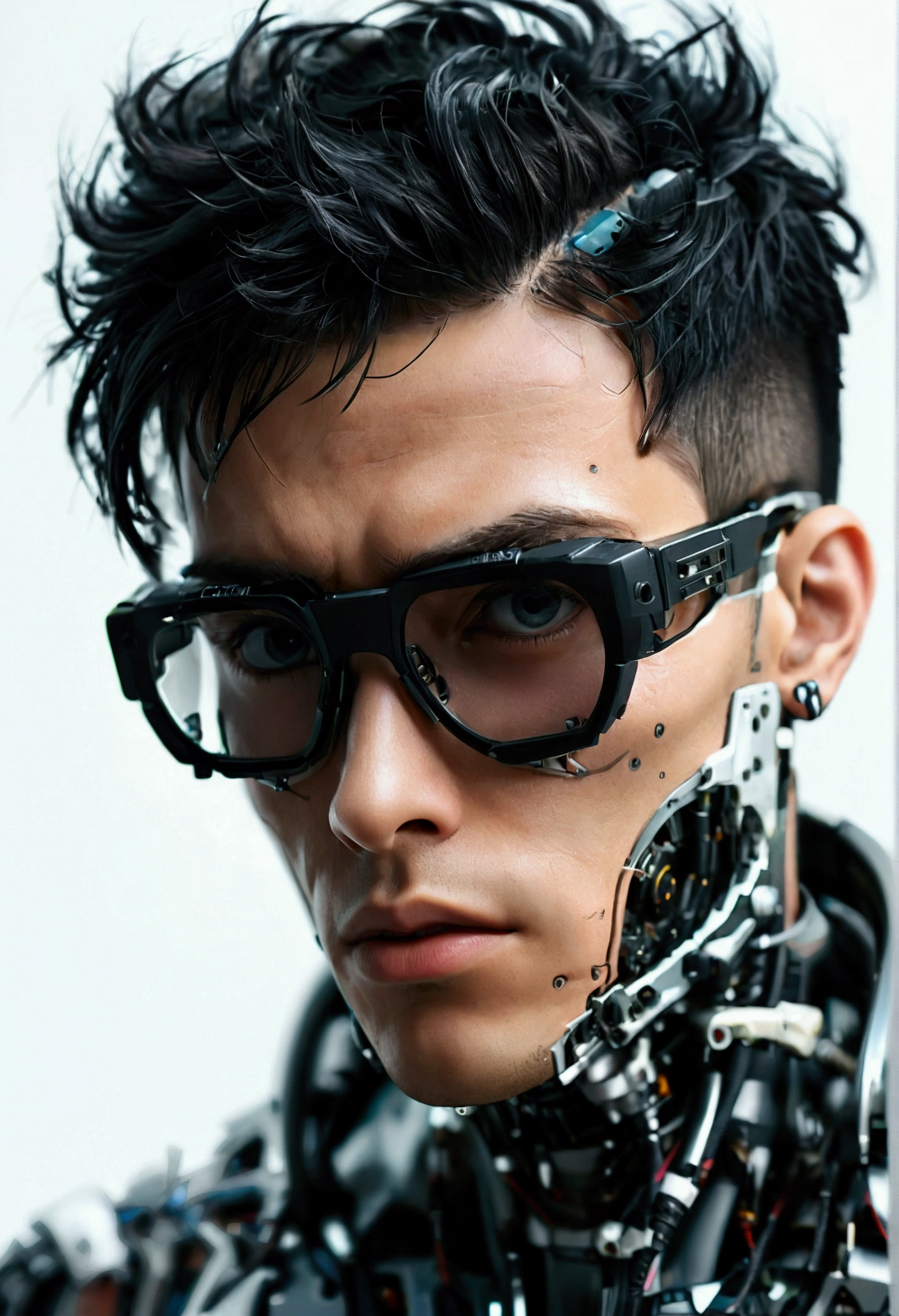 Male robot body hair with black-rimmed glasses with undercut hair, Look to the camera ::futuristic cyberpunk style ,realistic styling ::n_digital painting style, robotic parts, face perfect::seed 1、Black Edged Hair、large nose、Black-based clothing, photo by full body, White background