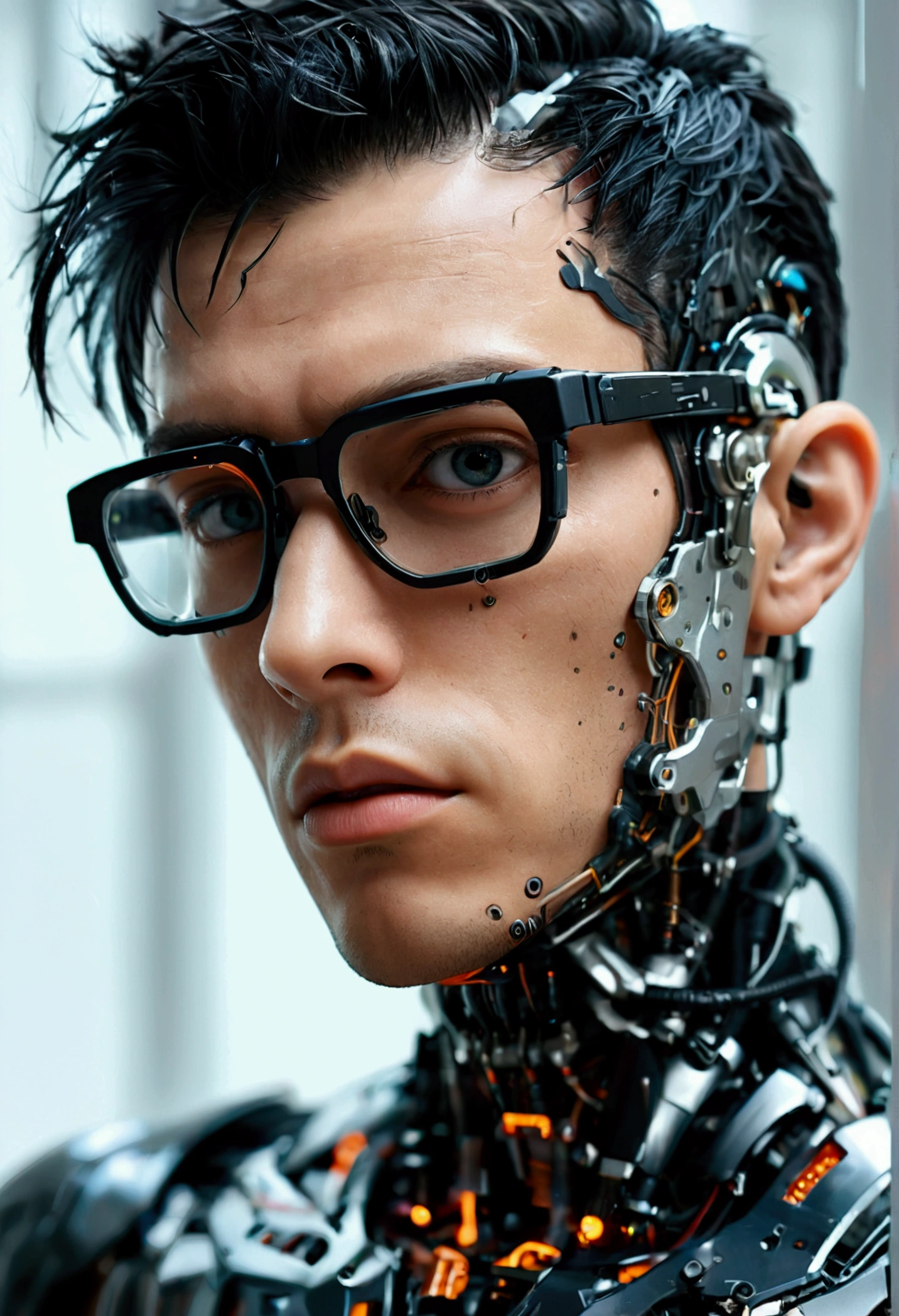 Male robot body hair with black-rimmed glasses with undercut hair, Look to the camera ::futuristic cyberpunk style ,realistic styling ::n_digital painting style, robotic parts, face perfect::seed 1、Black Edged Hair、large nose、Black-based clothing, photo by full body, White background