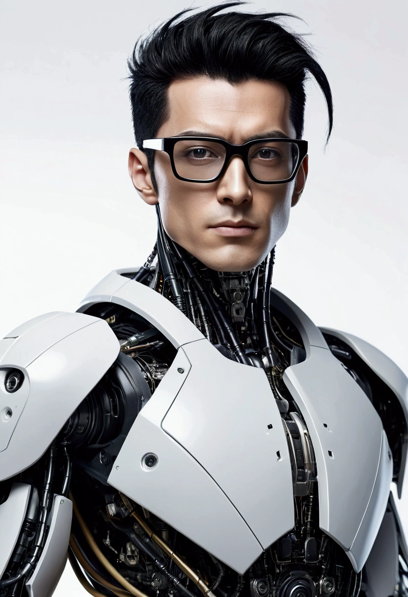 Male robot body hair with black-rimmed glasses with undercut hair, Look to the camera ::futuristic cyberpunk style ,realistic styling ::n_digital painting style, robotic parts, face perfect::seed 1、Black Edged Hair、large nose、Black-based clothing, photo by full body, White background