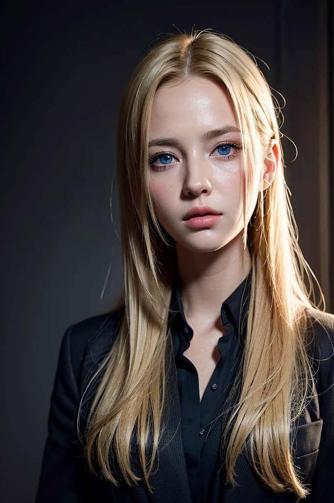 Best quality, masterpiece, ultra high res, (photorealistic:1.4), raw photo, 1girl, blonde hair, blue eyes, detailed eyes and face, black suit, dynamic lighting, in the dark, deep shadow, low key, cowboy shot full-lenght body