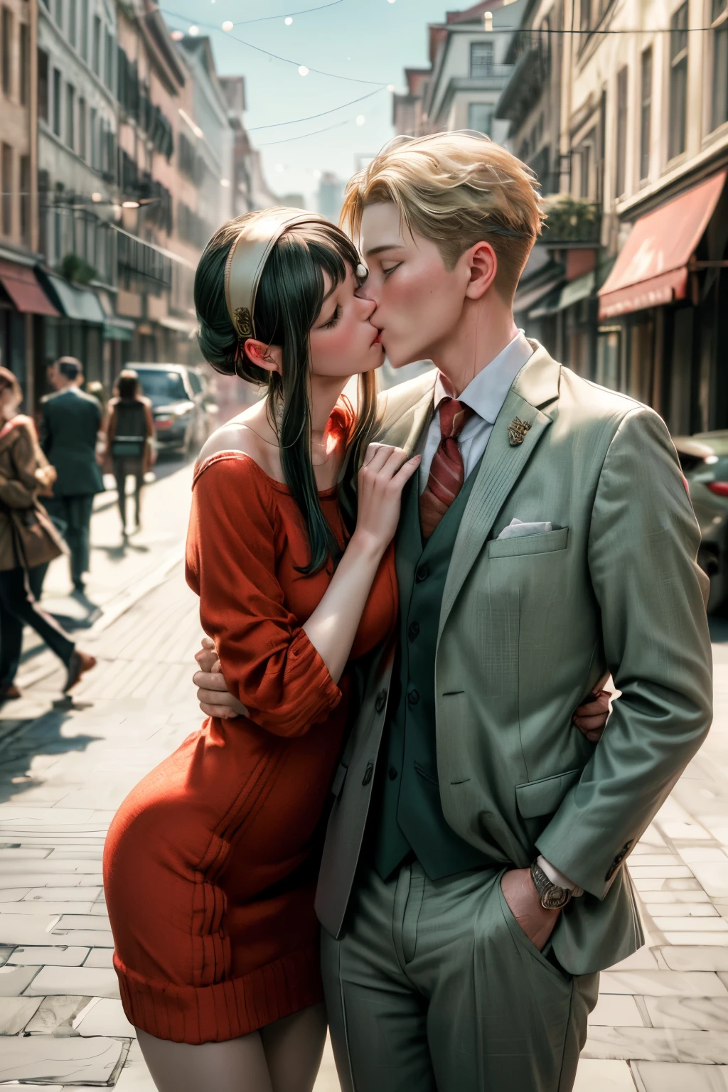 (realistic, photo-realistic:1.4), (masterpiece, best quality:1.2), high resolution, intricate details, extremely detailed, realistic and sharp details, (full body), couple, hetero, (1girl, hairband, red sweater dress, short dress), (1boy wearing business suit, light green suit), couple hugging each other, (kissing:1.2), photo background, outdoors, 