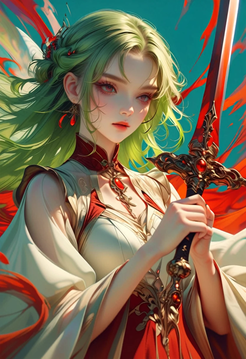 style3,holding a sword with both hands,1girl, green hair, red highlights, ethereal, elegant