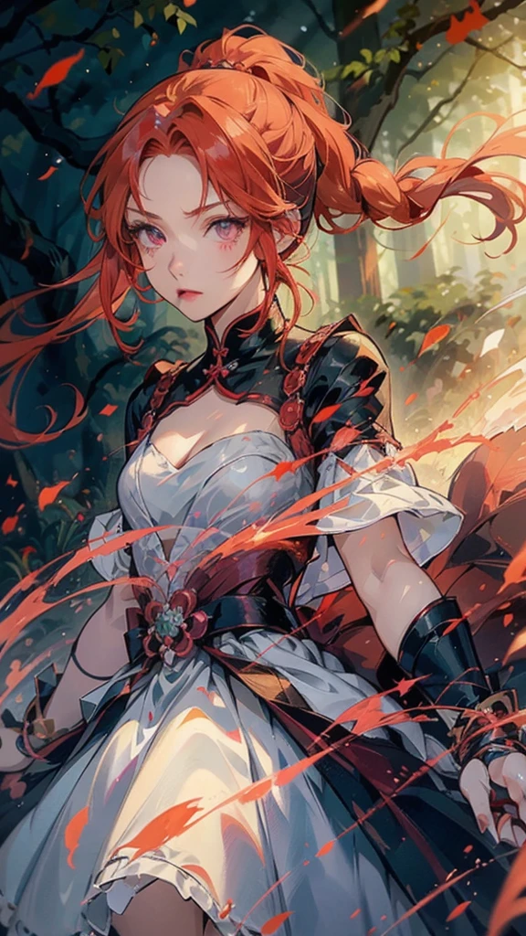 a close-up of a person with red hair and a sword, impacto de ayaka genshin, jogo ayaka impacto Genshin, keqing do impacto genshin, zhongli do impacto genshin, also, anime moe art style, genshin, cute anime waifu in a beautiful dress, female protagonist 👀 :8, demon slayer rui fanart, purple eye iris, disdainful expression, looking from bottom to top, view from the bottom, (( small red spherical piercing below the eyes)) , (a black, braided headband ), (green forest in the background)
