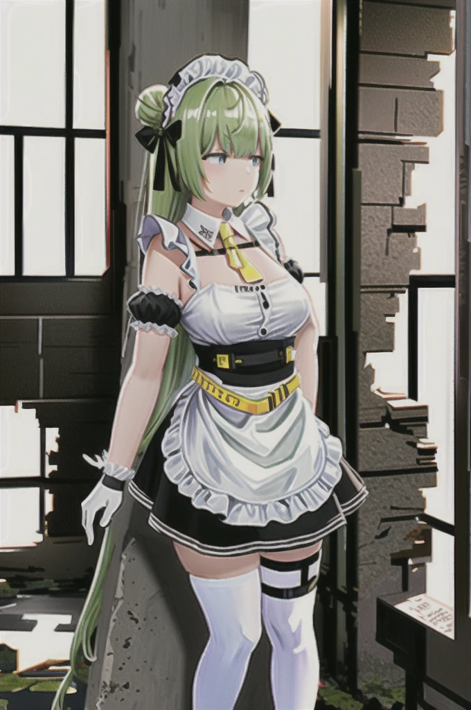 sodav1, yellow necktie, white thigh highs, thigh strap, sleeveless, skindentation, ribbon, gloves, miniskirt, maid headdress, white apron, maid, very long hair, hair bow, green hair, puffy sleeves, double bun, detached collar, blunt bangs, belt, barcode, arm strap, bdsm,city ruin,detailed ruin background,bullet holes,
 sodav1  scenery, factory_ruins, rubble, cable, pillar