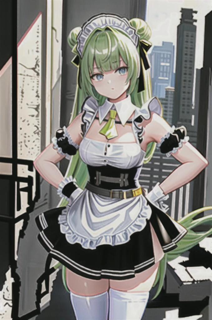 sodav1, yellow necktie, white thigh highs, thigh strap, sleeveless, skindentation, ribbon, gloves, miniskirt, maid headdress, white apron, maid, very long hair, hair bow, green hair, puffy sleeves, double bun, detached collar, blunt bangs, belt, barcode, arm strap, bdsm,city ruin,detailed ruin background,bullet holes,
 sodav1  scenery, factory_ruins, rubble, cable, pillar