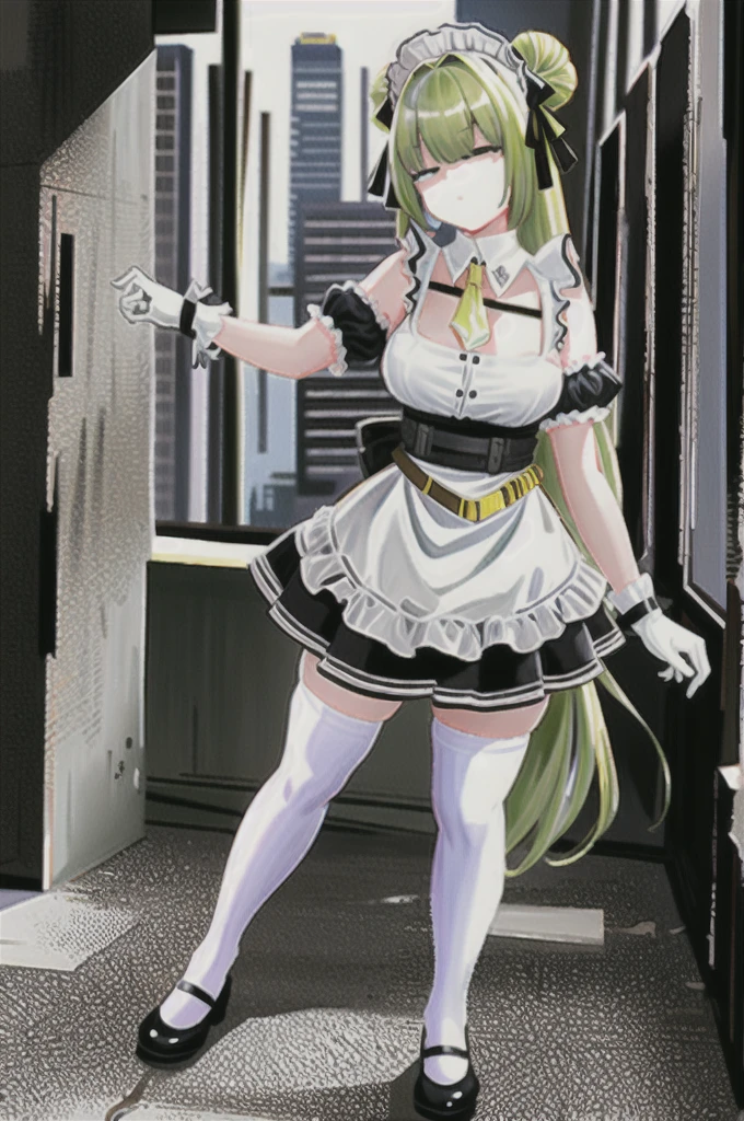 sodav1, yellow necktie, white thigh highs, thigh strap, sleeveless, skindentation, ribbon, gloves, miniskirt, maid headdress, white apron, maid, very long hair, hair bow, green hair, puffy sleeves, double bun, detached collar, blunt bangs, belt, barcode, arm strap, bdsm,city ruin,detailed ruin background,bullet holes,
 sodav1  scenery, factory_ruins, rubble, cable, pillar