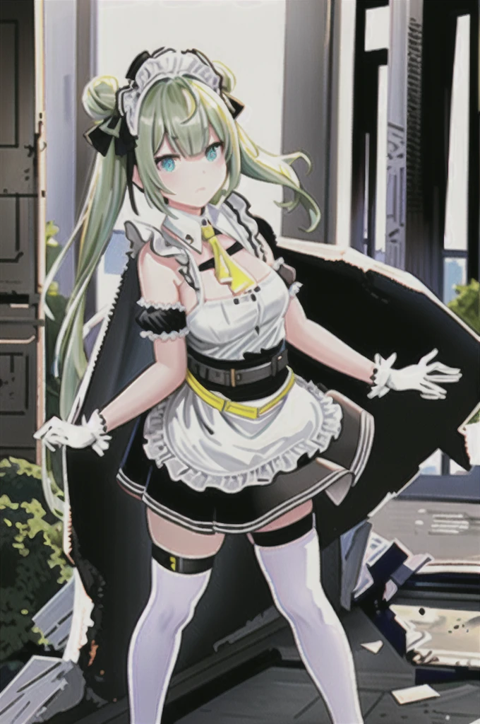 sodav1, yellow necktie, white thigh highs, thigh strap, sleeveless, skindentation, ribbon, gloves, miniskirt, maid headdress, white apron, maid, very long hair, hair bow, green hair, puffy sleeves, double bun, detached collar, blunt bangs, belt, barcode, arm strap, bdsm,city ruin,detailed ruin background,bullet holes,
 sodav1  scenery, factory_ruins, rubble, cable, pillar