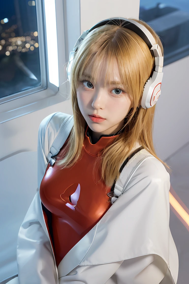 (Overhead view),dynamic angle,ultra-detailed, illustration, close-up, straight on, 1girl, 
 ((souryuu asuka langley, interface headset, red bodysuit:1.4, blonde)),Her eyes shone like dreamy stars,(glowing eyes:1.233),(beautiful and detailed eyes:1.1),(expressionless,closed mouth),(standing), 
(mechanic room with toolsand spaceship windowin a white SPACESHIP),
(night:1.2),dreamy, [[delicate fingers and hands:0.55]::0.85],(detail fingers),