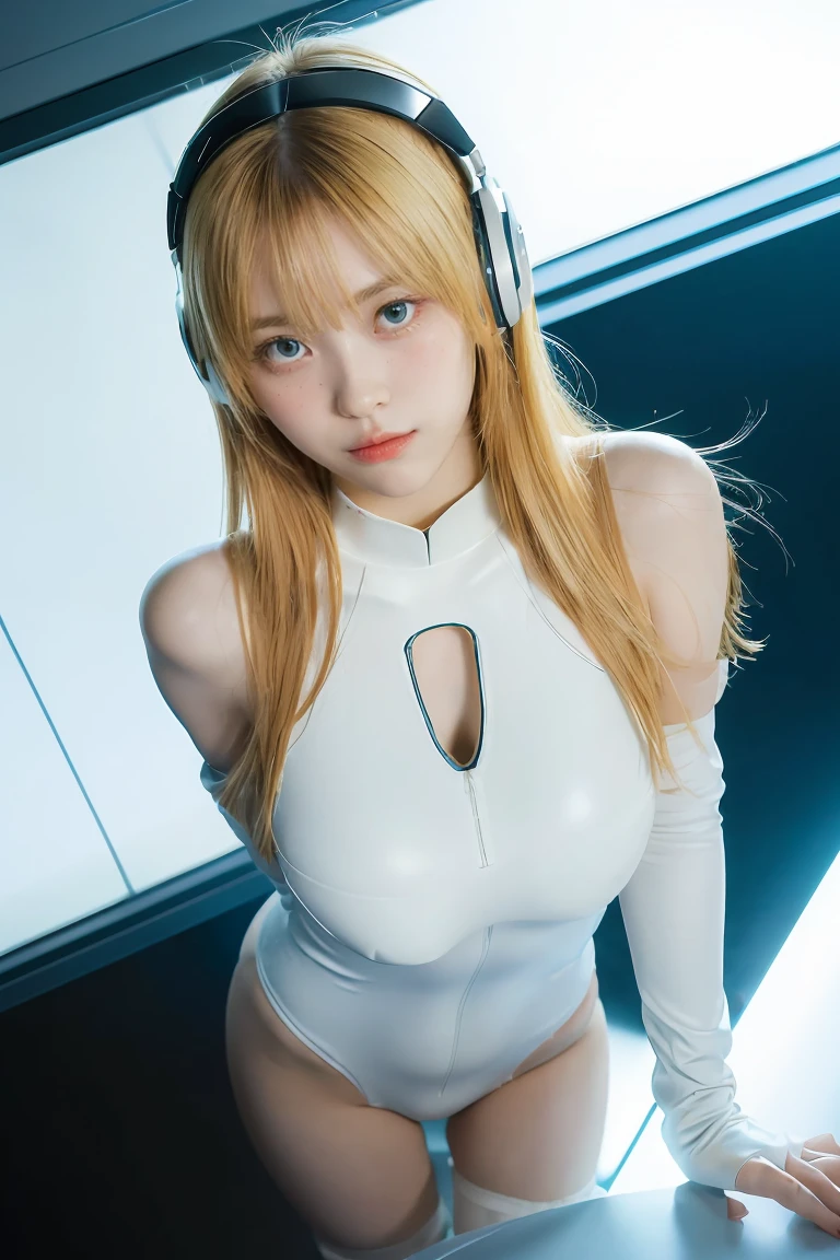 (Overhead view),dynamic angle,ultra-detailed, illustration, close-up, straight on, 1girl, 
 ((souryuu asuka langley, interface headset, red bodysuit:1.4, blonde)),Her eyes shone like dreamy stars,(glowing eyes:1.233),(beautiful and detailed eyes:1.1),(expressionless,closed mouth),(standing), 
(mechanic room with toolsand spaceship windowin a white SPACESHIP),
(night:1.2),dreamy, [[delicate fingers and hands:0.55]::0.85],(detail fingers),
