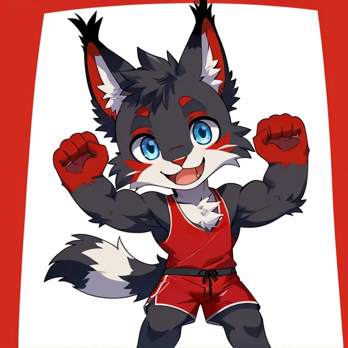 (Furry lynx cat)​, (chibi), (black fur), (summer shorts outfit)​, cute, (blue eyes), (red chest fluff), (red eyebrows), (black tail with red tip), (red whiskers), happy, smlie, correct Anatomy, correct hand, ((white background))​, (Acting happy), (hands up)​, enjoy, ((front view)), full body, (sexy), (muscle)