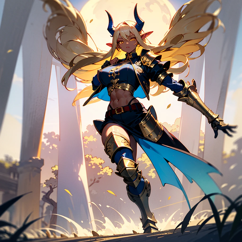 ((best quality)), ((masterpiece)), (detailed), 8k_wallpaper, extremely detailed eyes, extremely detailed body, (large masterpiece digital art), ((perfect anatomy huge chest)), (intricate details:1.3 ), (ultra-detailed:1.3), (sharp focus:1.3), (natural lighting:1.05), (vivid colors:1.3), (best quality:1.4), high quality, a modern elven city built in elven ancient traditions with modern technologies and ancient fantasy architecture, expressive eyes, full body, tall girl, detailed face, beautiful face, perfect face, detailed ((blonde hair)), (gold eyes), ((large big red and blue horns)), {{dark skin}}, ({dark skinned female}), gigantic breasts, thick thighs, strong arm and leg muscles, strong abdominal muscles, Monster women, Korean women, wearing a modern short black cloth jacket with rolled up sleeves, (wearing heavy gold colored steel armor), a wide red leather belt with blue steel yarn, steel boots, steel thigh guards, running under by the light of the moon through the forest with long daggers in hands against a background of blooming flowers and grass with tall trees,