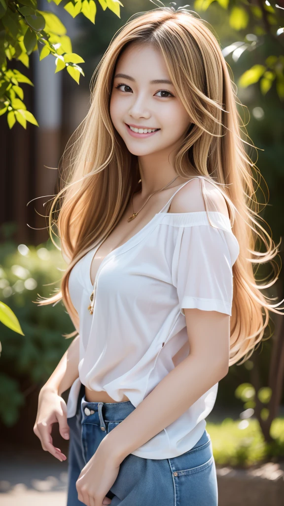 (RAW Photos:1.2)、Highest quality、Precise beauty、Beautiful long hair woman、The most beautiful women in the world、Beautiful and sharp features、21 years old、Smooth super long hair that looks blonde、Highly detailed face、cutesmileの女の子、Happy expression、Beautiful and beautiful eyes、eyeliner、Small face、Ample breasts、T-Shirts、necklace、Semi-backlit、High resolution、8k wallpaper、The gesture of pulling up the hair(Photorealism:1.4)、Super detailed、masterpiece、Very bright photo、Take off your pants and place them on your fingers、smile、Beauty、cute、Various clothes