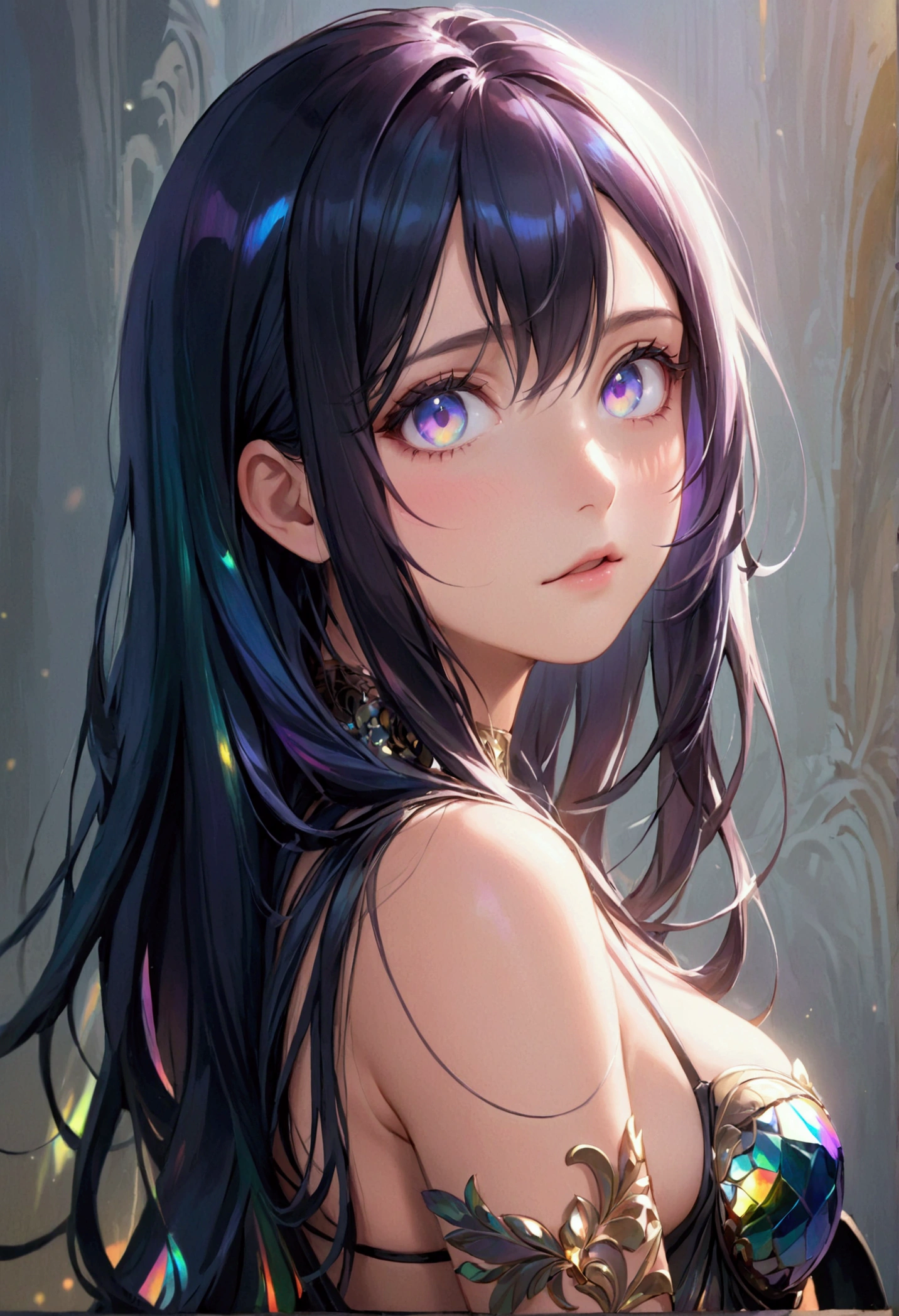 (masterpiece), best quality, expressive eyes, perfect face, Girl,long dark iridescent hair, iridescent eyes, small waist, small breast , large thighs,holding ying yang symbol, majestic aura