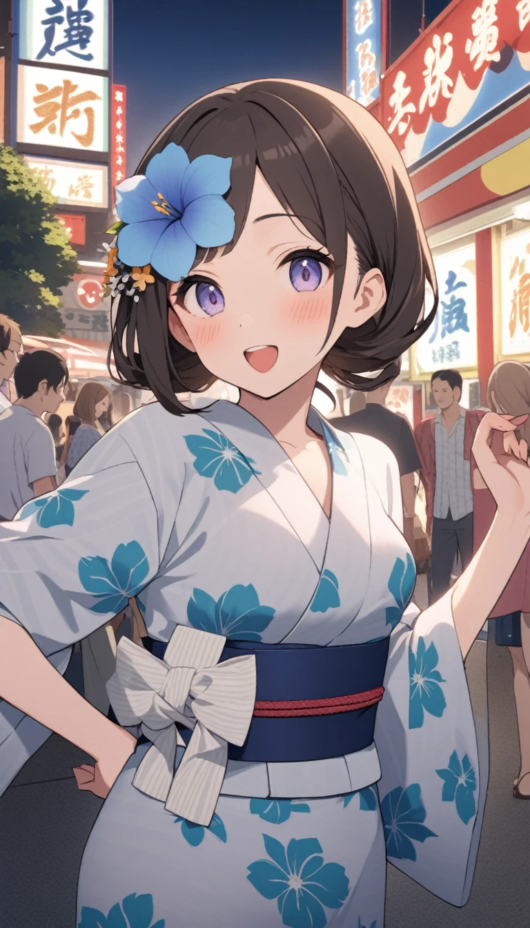 夏のyukataを着て立っている、上品なyukata、yukata、Kimono of the common people、カラフルなyukata、日本の夏のyukata、日本の古典的な夏のかわいいyukata、花柄の赤いyukata、Summer festival style