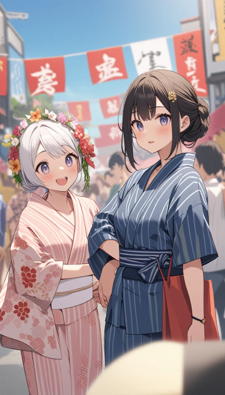 夏のyukataを着て立っている、上品なyukata、yukata、Kimono of the common people、カラフルなyukata、日本の夏のyukata、日本の古典的な夏のかわいいyukata、花柄の赤いyukata、Summer festival style