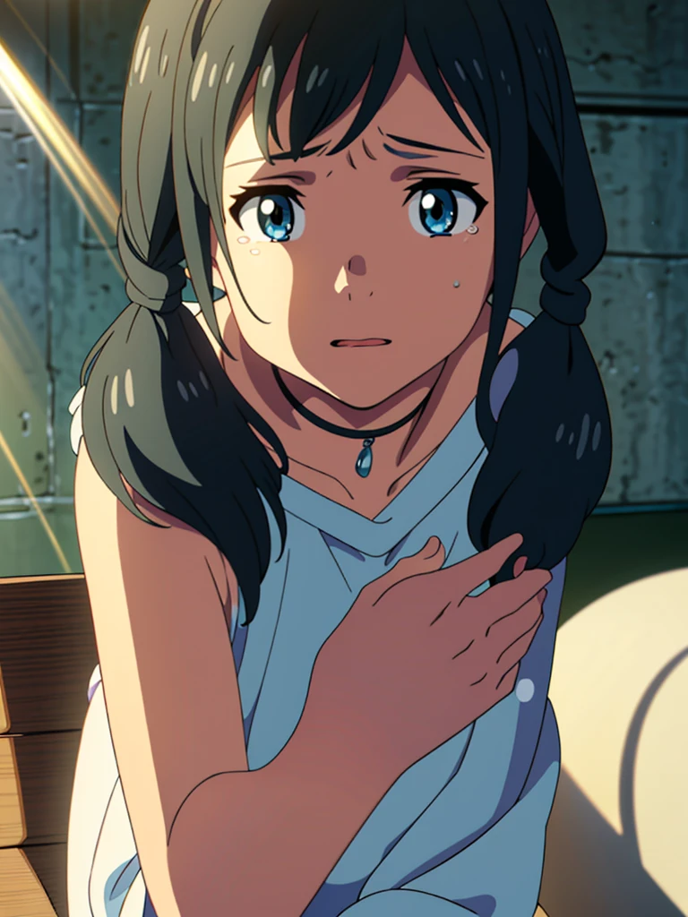 (masterpiece:1.2), (best quality:1.2), (ultra-detailed), (anime screencap:1.2), ((kawaii)), cute, (lovely), 1 young women, (beautiful detailed eyes), solo, slender limbs, delicate curves, dainty hands, pig tail, messy hair, blue eyes, puffy eyes, droopy eyes, big eyes, black hair, very high resolution, portrait, crying, natural light, break, spotlight, (rim light:1.7), (lighting front:1.7), (lighting forward:1.7), no shaded face