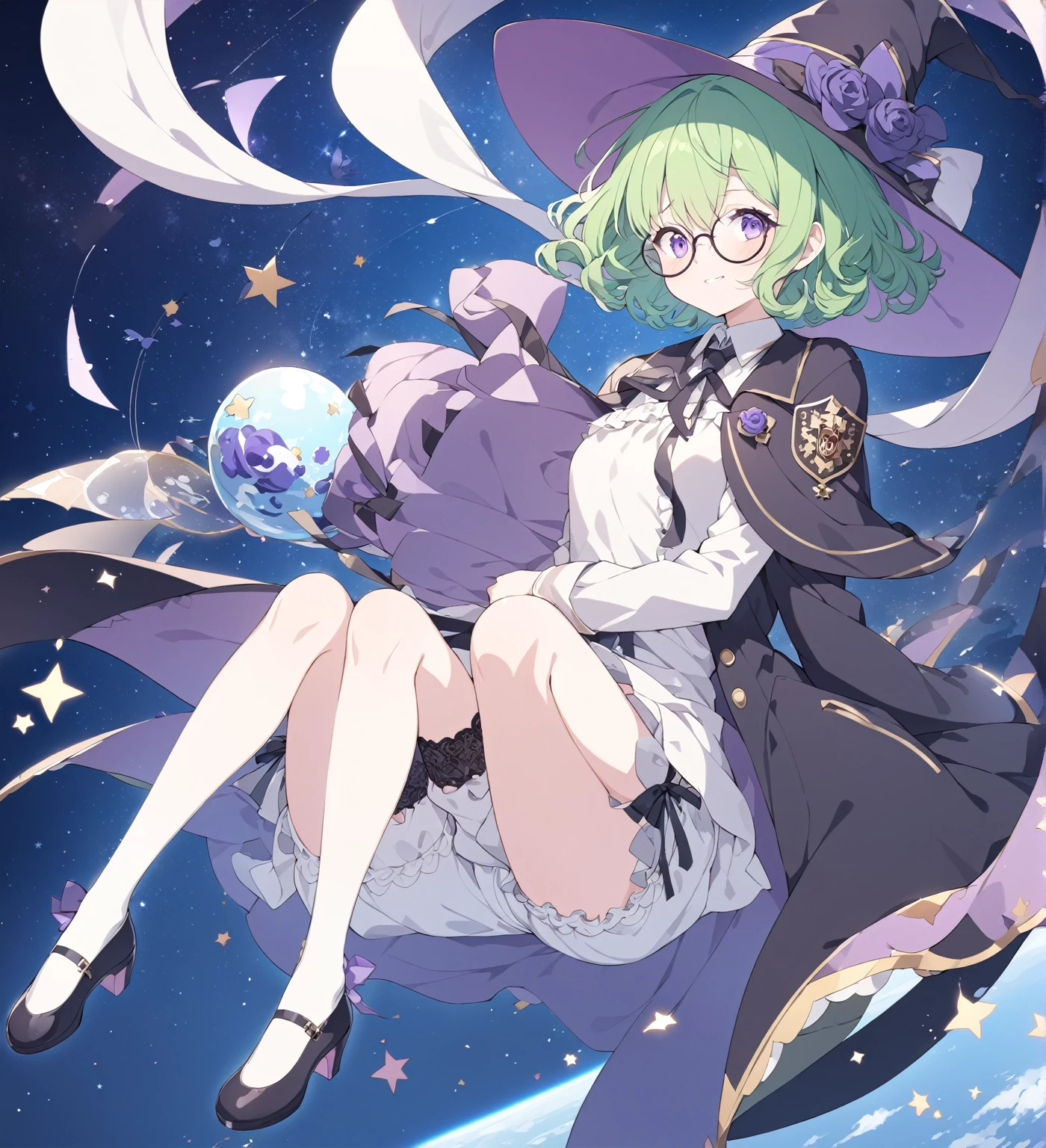 BREAK Perfect Anatomy、(High resolution:1.2)、Incredible illustrations、(Cute illustrations:1.2)、 (Beautiful background,starry skies), 1girl(A large witch's hat with a wide frill and a purple rose decoration, a robe with the Duke's coat of arms on the sleeve, a cream-colored blouse, a winered ribbon tie, garter skirt, bloomers,garter stockings, and pumps. )(Curly short cut, green hair, large round glasses) (Zero gravity,Weightless, floating in the air holding my knees)