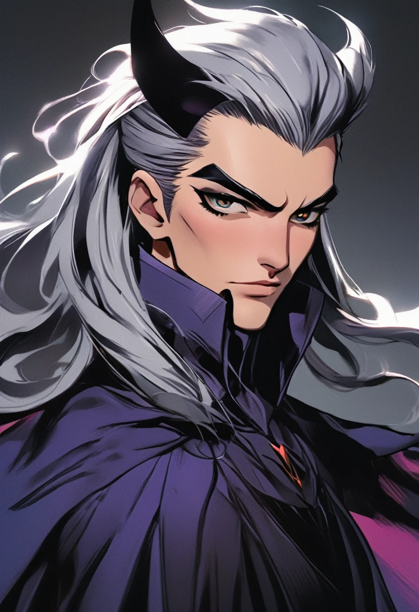 30 year old male villain character, rough face, serious, with a slight smile on his face, dim eyes, shading in eyes and dark circles, silver hair with a ponytail and a hair clip that covers the right half of her face. Wear a villain suit, with cape. He wears some ornament on his head..